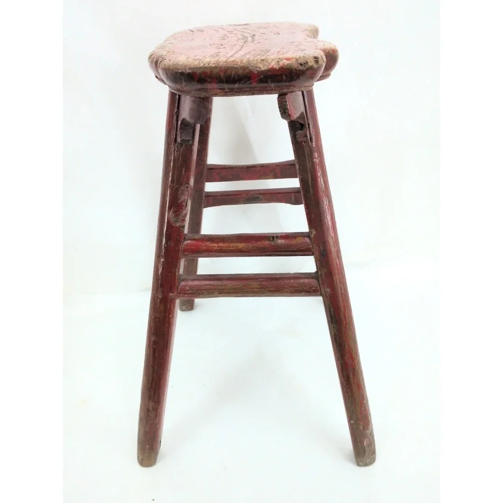 Antique Chinese Elm Red Painted Stool Chair Primitive 1900 Mortise Tenon Bench